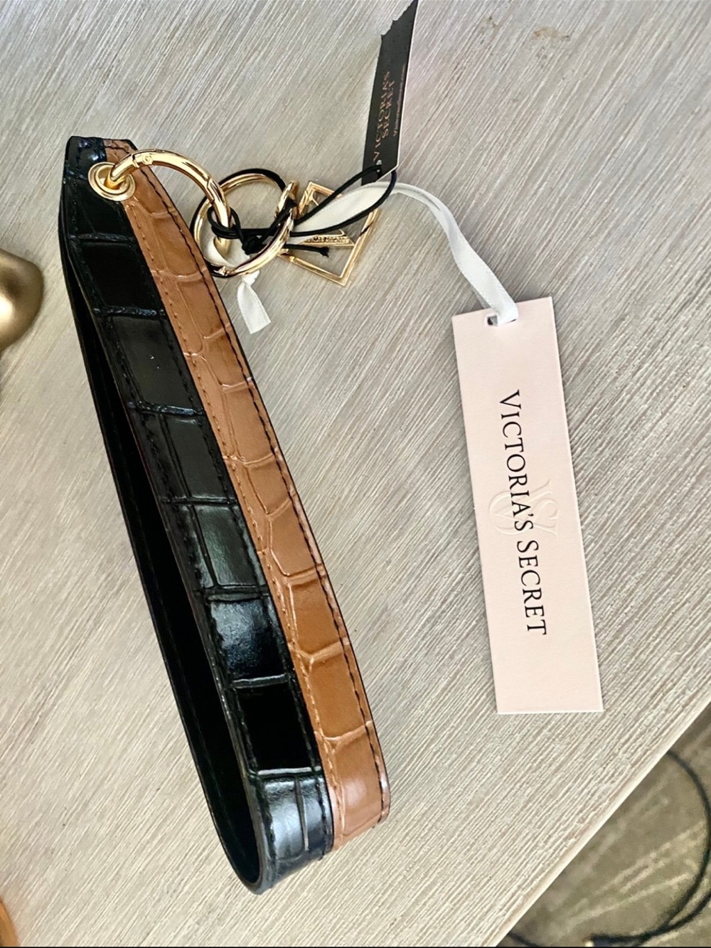 Victoria's Secret Black & Brown Croc-Embossed Wristlet Strap with Gold Hardware